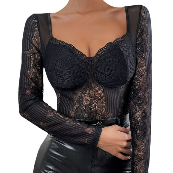 HNMKIU Wedding Lingerie Women's Solid Color See Through Ruffle Vest Long Sleeved Corset Sexy Underwear