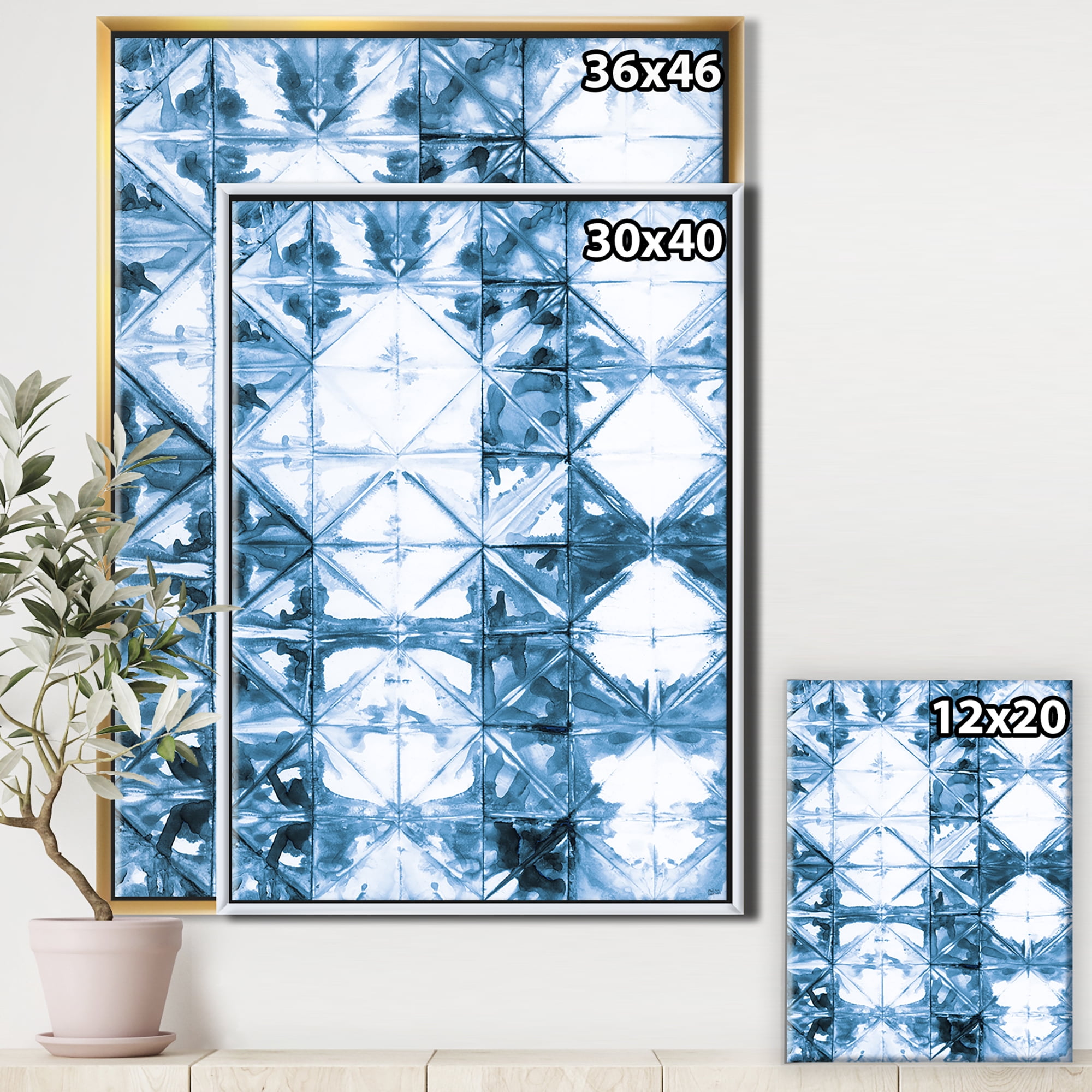 Designart ' Indigo watercolor geometrical I ' Contemporary Framed Canvas
