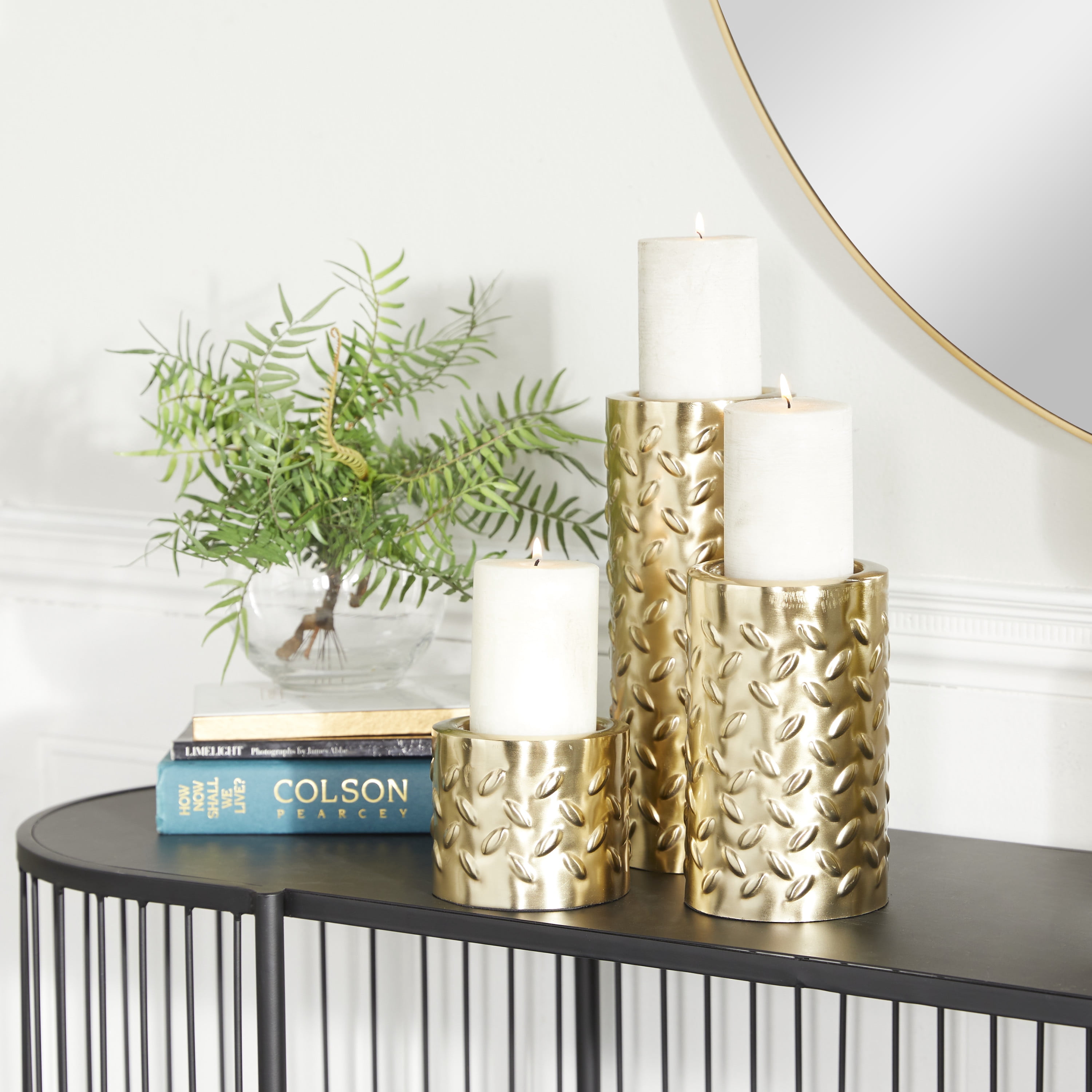 DecMode 3 Candle Gold Metal Pillar Candle Holder with Studs, Set of 3