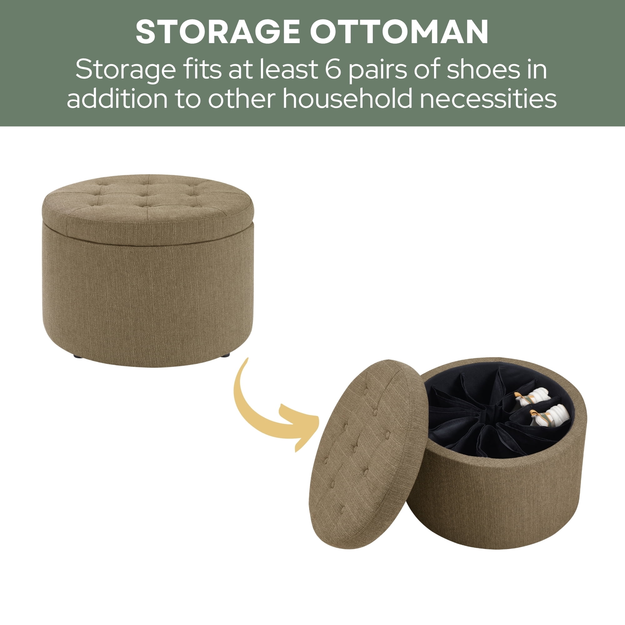 Convenience Concepts Designs4Comfort Round Shoe Storage Ottoman, Sandstone Linen