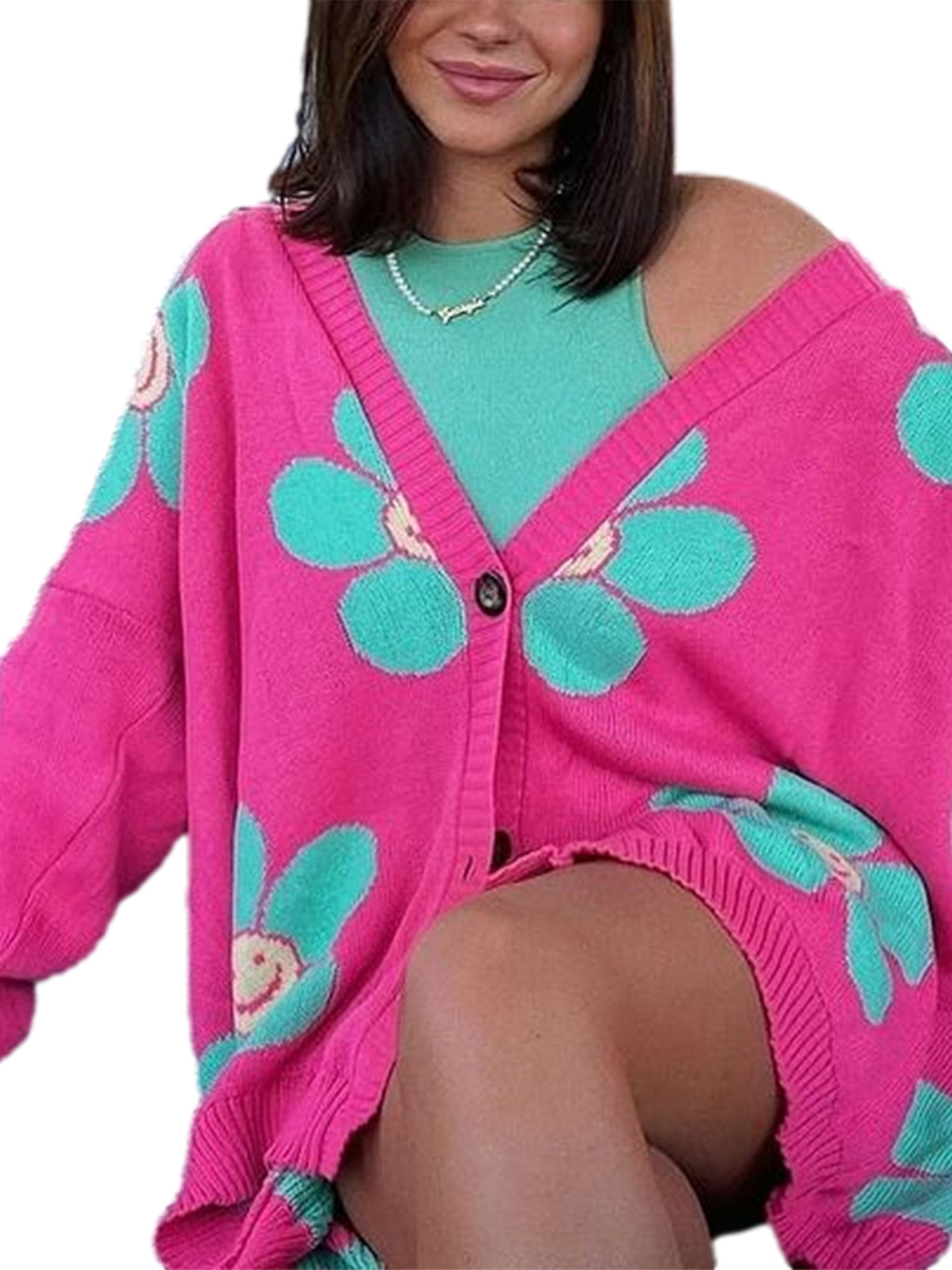 Button-down Heart/Flower Print Long Sleeve V-neck Ribbed Trim Cardigan -  Walmart.com