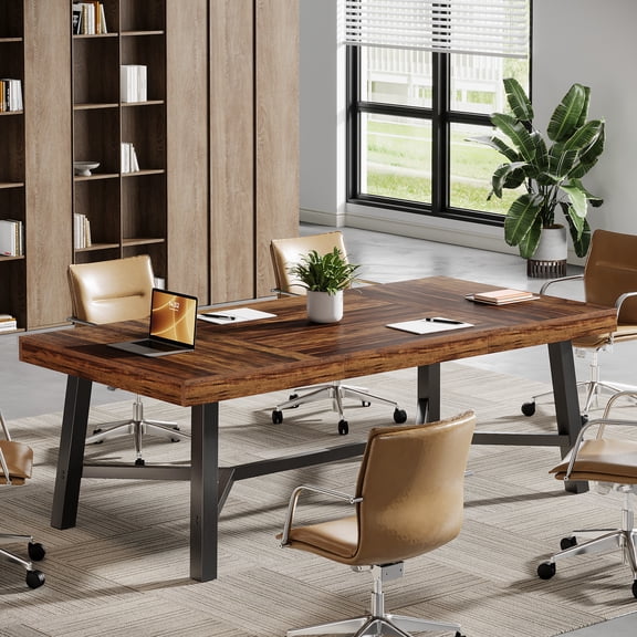 Finmind 70.87-inch Rectangle Meeting Table, 6 ft Conference Table for 6-8 People, Dark Brown and Black