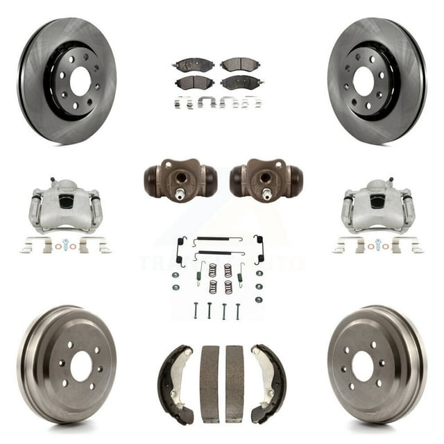 Transit Auto Front Rear Disc Brake Caliper Rotors Drums Ceramic Pads Shoes Wheel Cylinders and Hardware Kit (11Pc) for Car Chevrolet Aveo Pontiac Aveo5 Wave Spark G3 Suzuki Swift+ Wave5 KC8-100940T