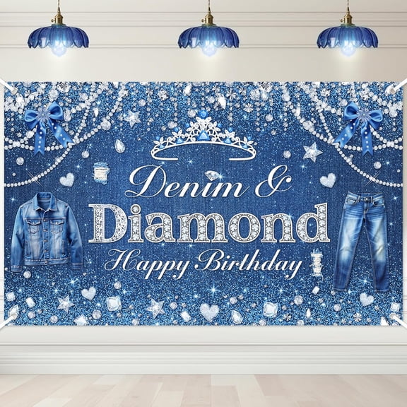 Denim and Diamonds Birthday Backdrop for Women Navy Blue Diamond Happy Birthday Photography Background Luxury Crystal Birthday Party Decorations Banner Supplies Photo Booth Props