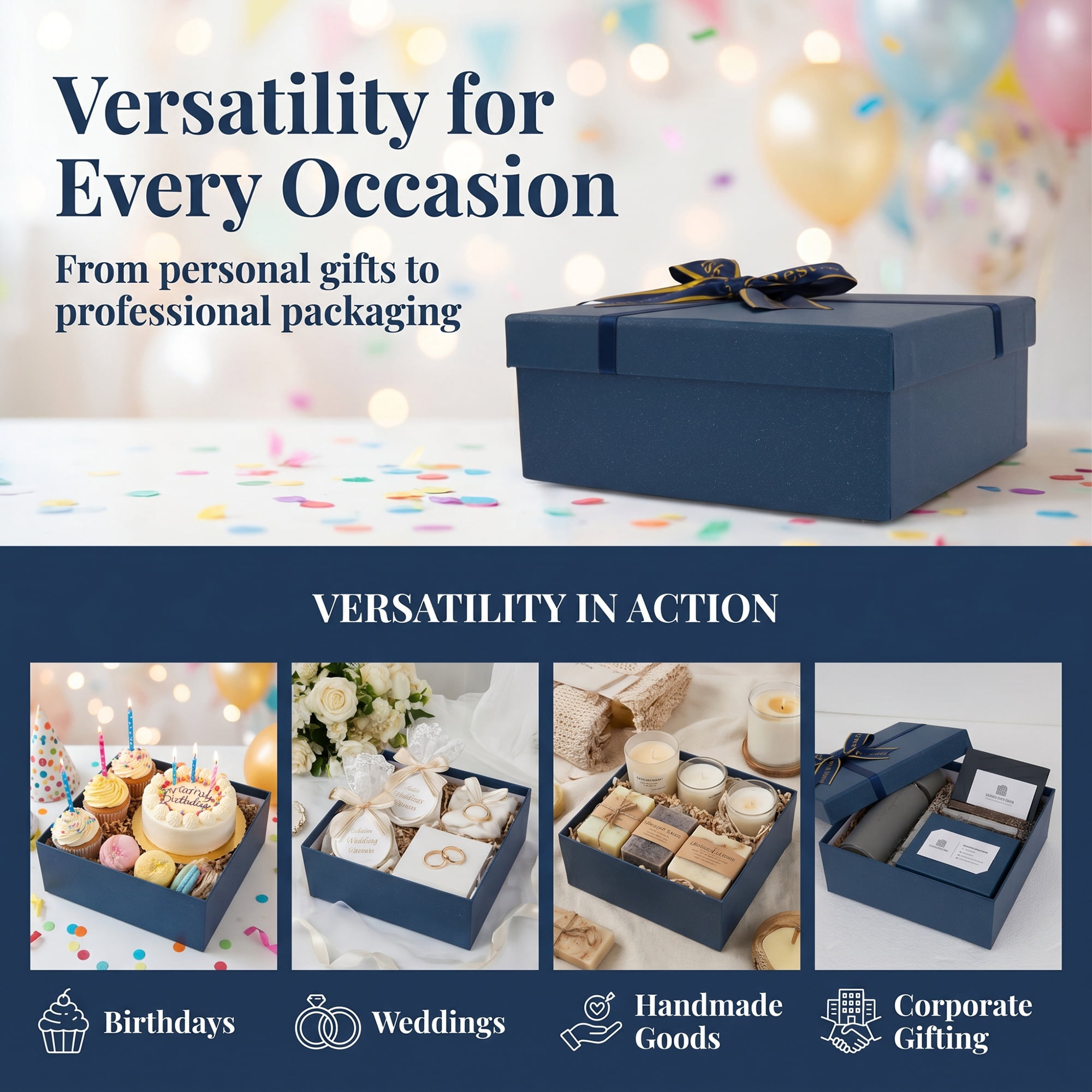 Unique Bargains Elegant Bow Print Ribbon Gift Box Blue 7.9"x7.1"x3.1"