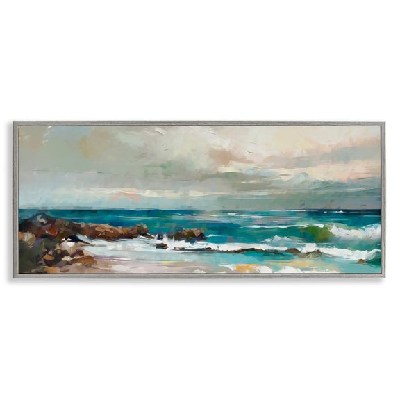 Stupell Industries Coastal Rocky Ocean Waves Gray Framed Giclee Art, 24 x 10, by Ziwei Li