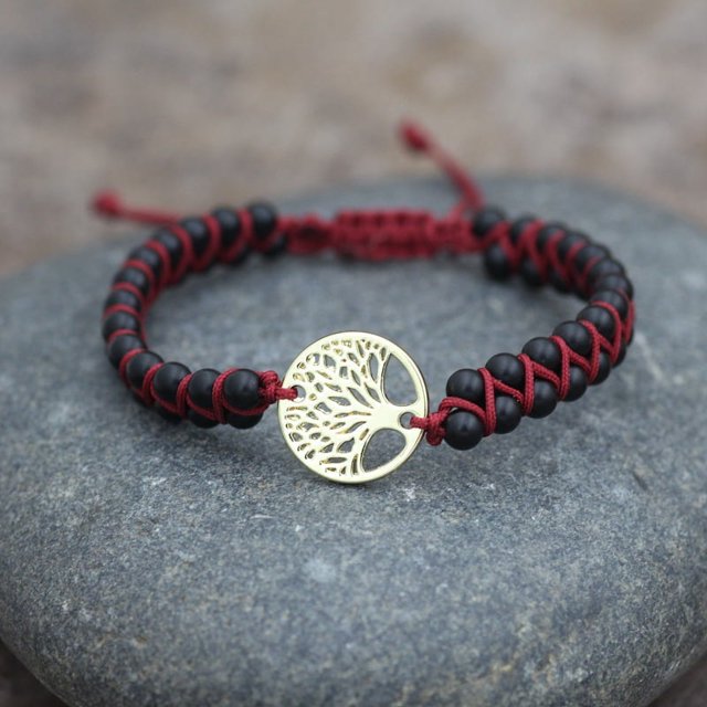 Pulsera con colgante en forma de árbol, pulsera tejida de doble capa con cuentas de piedra de pino africano