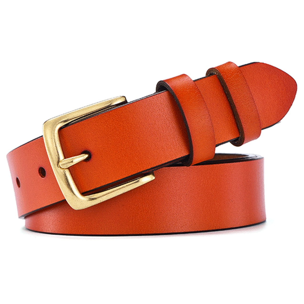 Women's Classic Gold Color Metal Buckle Handcrafted Leather Jean Belt