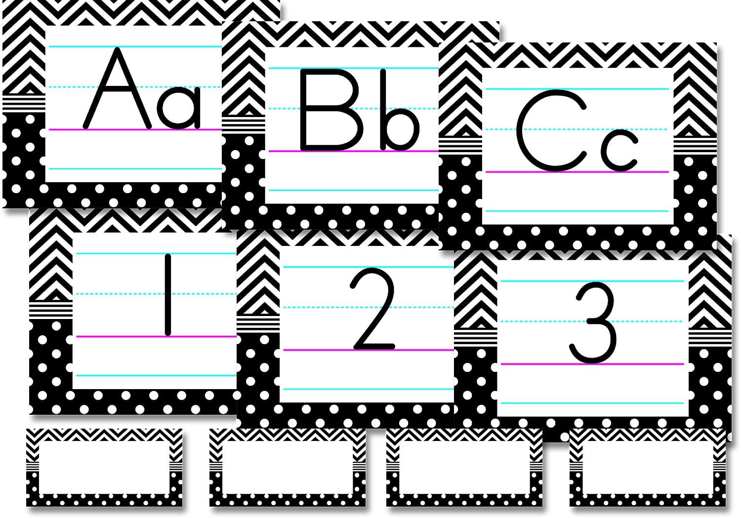 Traditional Manuscript Alphabet Bulletin Board, Black/White Chevrons and  Dots (5573), 37 (8" x 6") cards feature both upper and lower case letters  and numbers 0-10. By Teacher Created Resources - Walmart.com