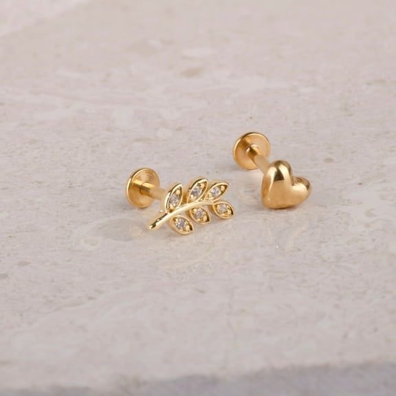 18G Surgical Steel Leaf Flat Back Labret Stud, cartilage helix, tragus, conch, nose piercing, screw in nap earring