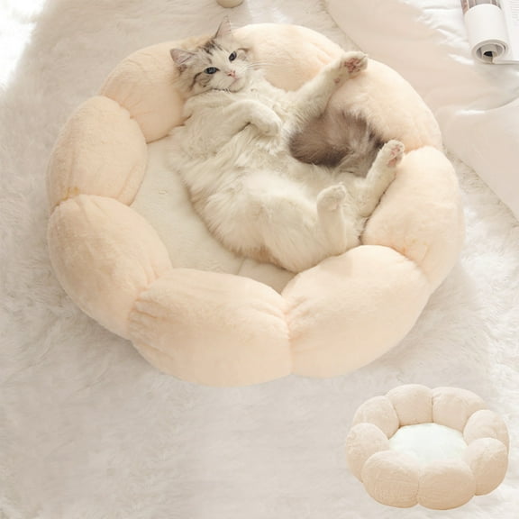 Tgbvmt Rounded Petals Calming Cat Dog Bed Luxurious Faux Fur Cushion Bed Soft Sponge Filling Non-Slip PVC Bottom For Small Medium Pets Indoor Rest Sleep Anxiety Relief Pet Supplies Decor Favors