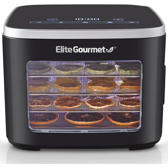 Elite Gourmet EFD809D Food Dehydrator with 5 Stainless Steel Trays, Adjustable Temp & Time   Keep Warm, Includes Interior Light, Fruit Roll Tray and Recipe Booklet, Black