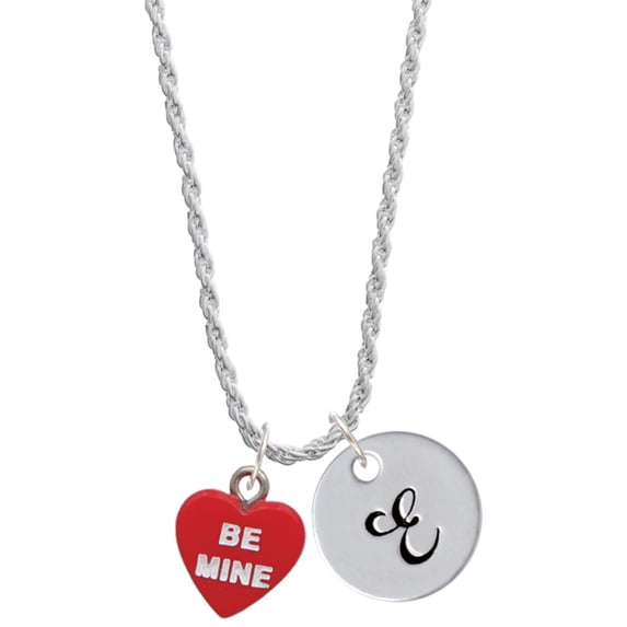 Delight Jewelry Acrylic Red "Be Mine / Kiss Me" Heart Silvertone Script Initial Disc - E - Charm Necklace, 20"+3"