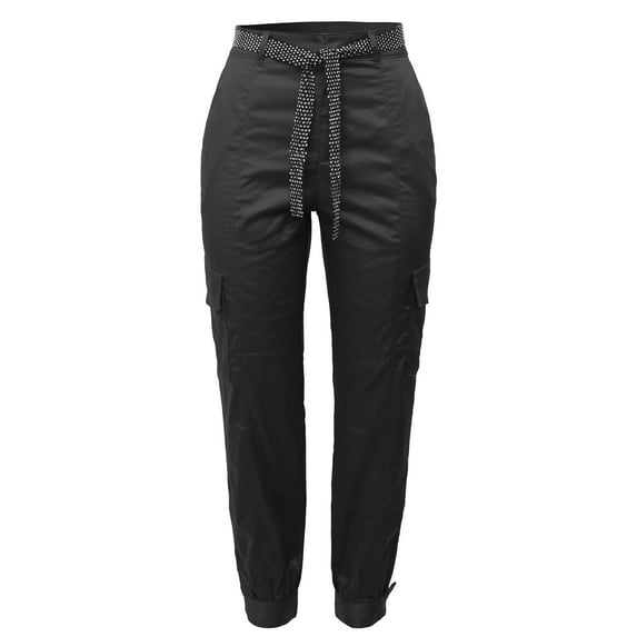 A2Y Women's Cotton Satin Rhinestone Belt Side Pocket High Rise Cargo Pants Black S