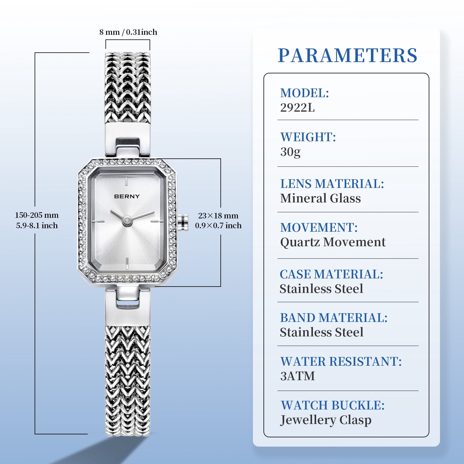 BERNY Silver Watches for Women, Dainty Rectangle Ladies Quartz Wrist Watch with Stainless Steel Bracelet Band, Waterproof Fashion Analog Women Watch Luxury Gift, Silver
