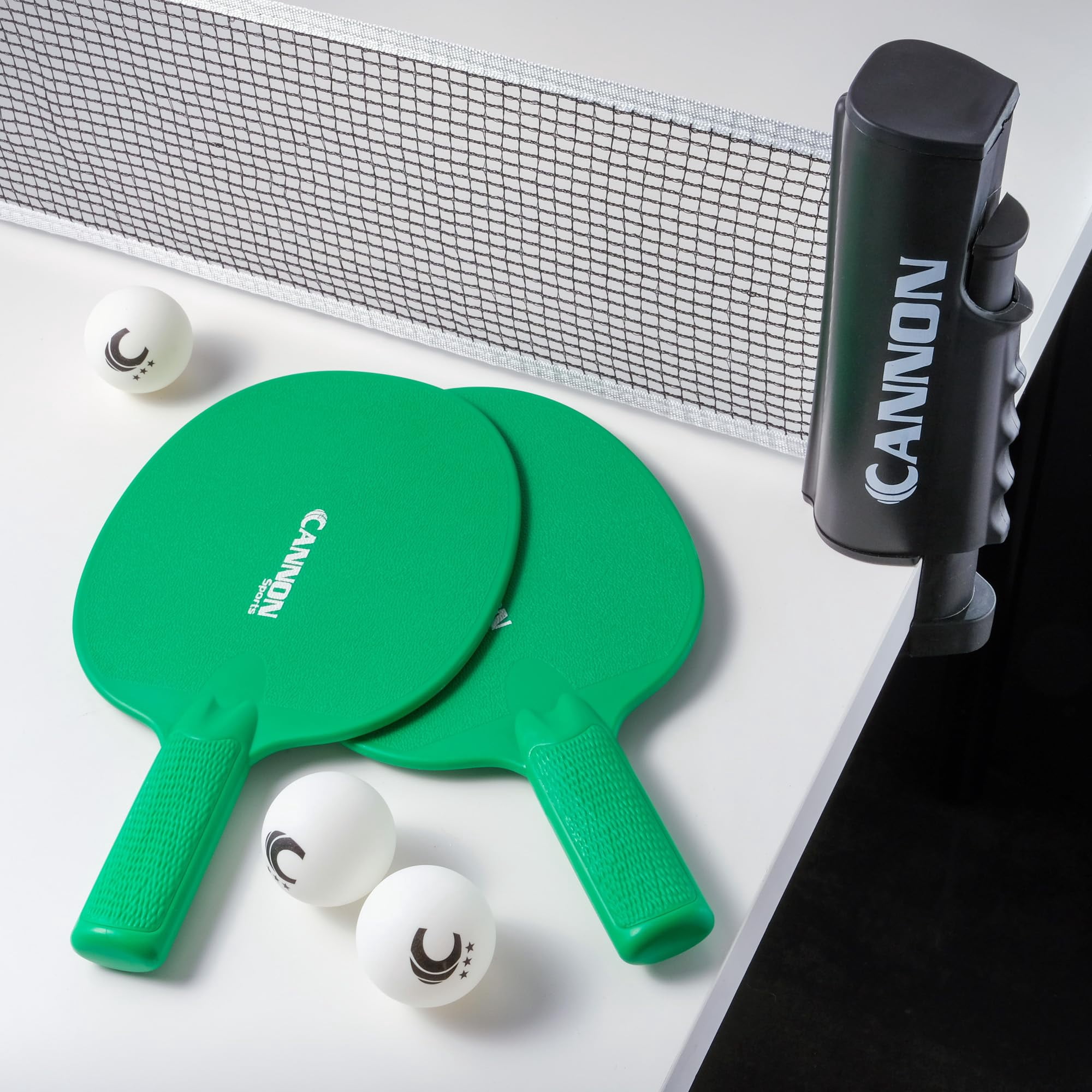 Cannon Sports Table Tennis Set – 2 Unbreakable Paddles, 6 3-Star Balls, Retractable Net & Carry Bag – Clamp-On Portable Ping Pong Net Fits Tables up to 2 Inch Thick, Extends to 6 Feet (Green)