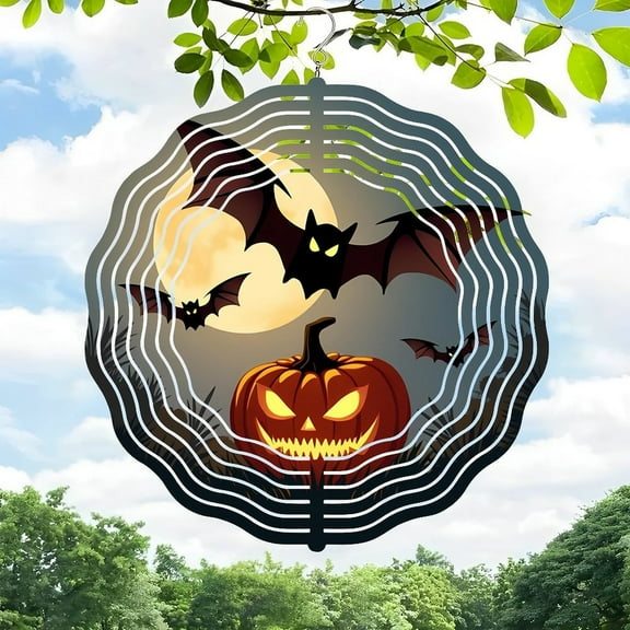 3D Metal Hanging Wind Spinners - Spooky Halloween Pumpkin & Bat Design Wind Chimes for Yard and Garden Decor