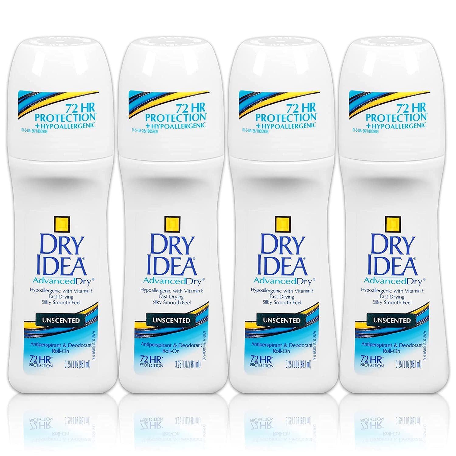Dry Idea Roll-On Deodorant & Antiperspirant | 2X Longer Sweat Protection | 72-Hour Odor Protection | Unscented & Hypoallergenic for Sensitive Skin, 3.25 oz. - 4 Pack