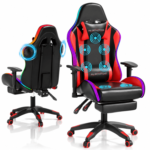 Mr IRONSTONE RGB Gaming Chair with Bluetooth Speakers, Ergonomic 7-Point Massage Computer Chair with Footrest, Red/Black