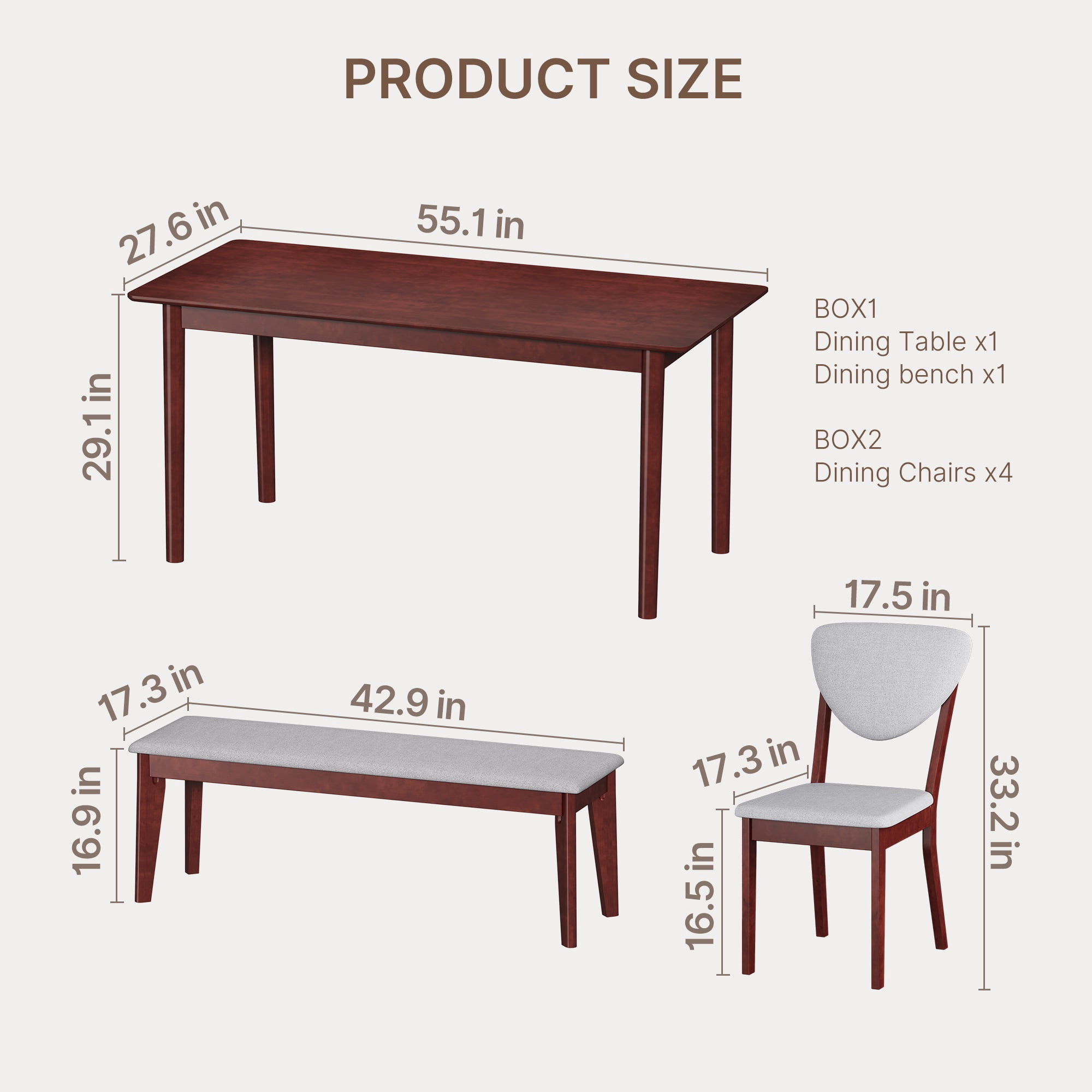 Solid Wood Dining Table Set for 6 rectangular, Asofer Mid-Century Kitchen Table and Chairs with Padded Chairs& Bench for Small Spaces/Apartments