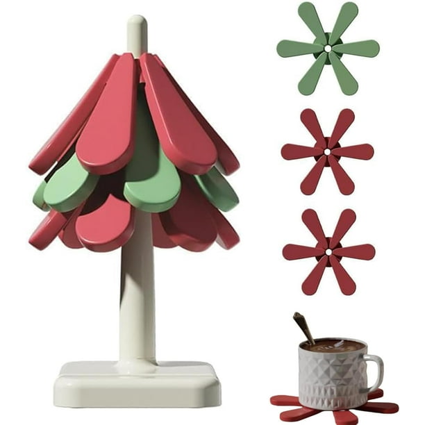 Posavasos con forma de árbol de Navidad, juego de salvamanteles con 3 agarraderas resistentes al calor, posavasos plegables antideslizantes, decoración navideña para el hogar, protección de mesa para