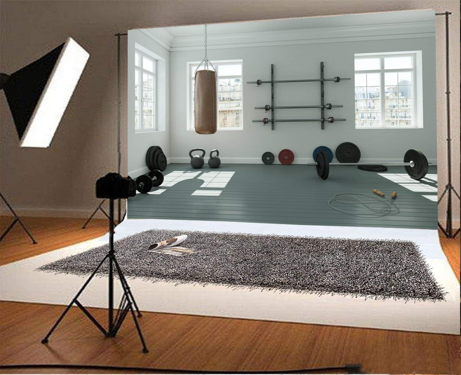 YongFoto 1,5x1m fondale Gymnasium interior fitness Room fondali per fotografia attrezzature da palestra shabby Brick Wall Gloomy Grunge legno pavimento in sfondo foto da uomo e da donna studio