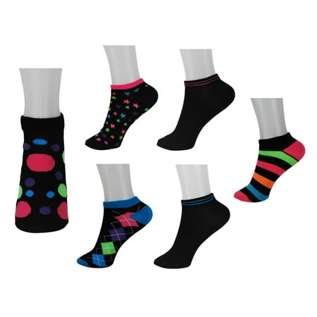 Kids 6 Pair Pack Neon & Black Assorted Pattern Anklet Socks