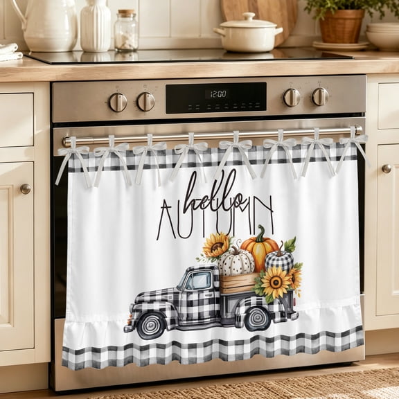Oven Skirt Curtain for Kitchen 21.5x30 Inch, Black White Truck Fall Oven Curtain with 8 Ribbon Ties & Ruffle Trim, Stove Skirt Curtain Dishwasher for Cabinets Sinks Pumpkins Thanksgiving Checkered