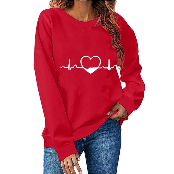 Women's Valentine's Crewneck Sweatshirt Sunburst Heart Print Long Sleeve Pullover for Romantic Evenings Red-6 S