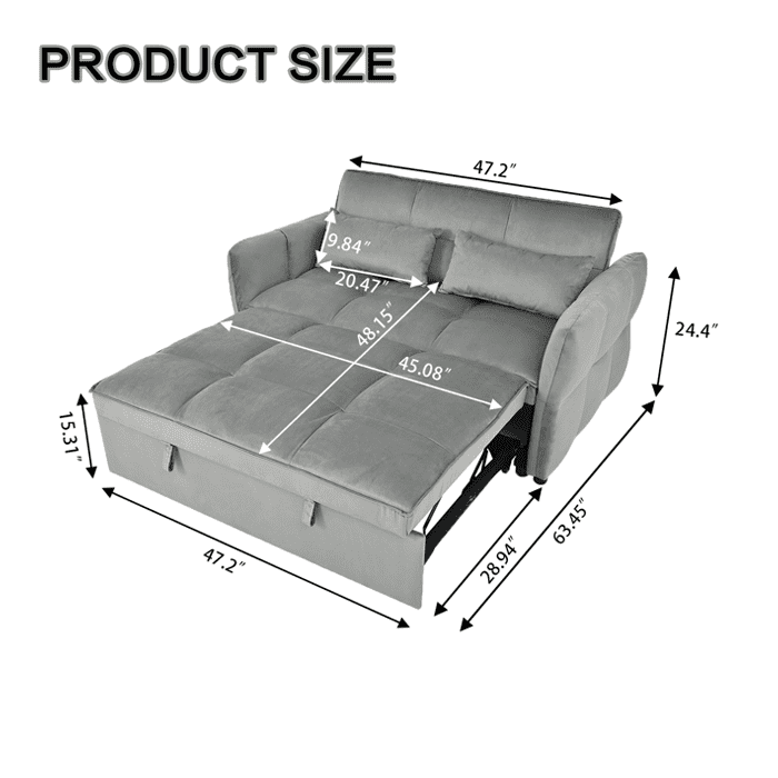 3-in-1 Pull Out Couch Bed with Reclining Backrest and Pillows Dark Grey Velvet Convertible Sleeper Sofa for Living Room Bedroom Apartment Small Spaces