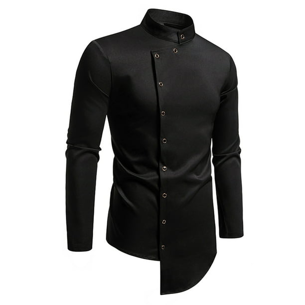pstuiky camisas de hombre de manga larga, Camisa informal de manga larga con cuello alto y botones a la moda para hombre camisetas de hombre xl