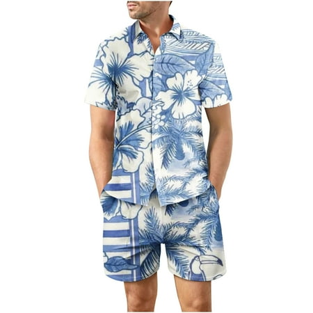 

Mens Hawaiian Short Sleeve Shirt Suits Flower Print Suits Tropical 2PC Sets Button Down Shirts and Shorts Outfit