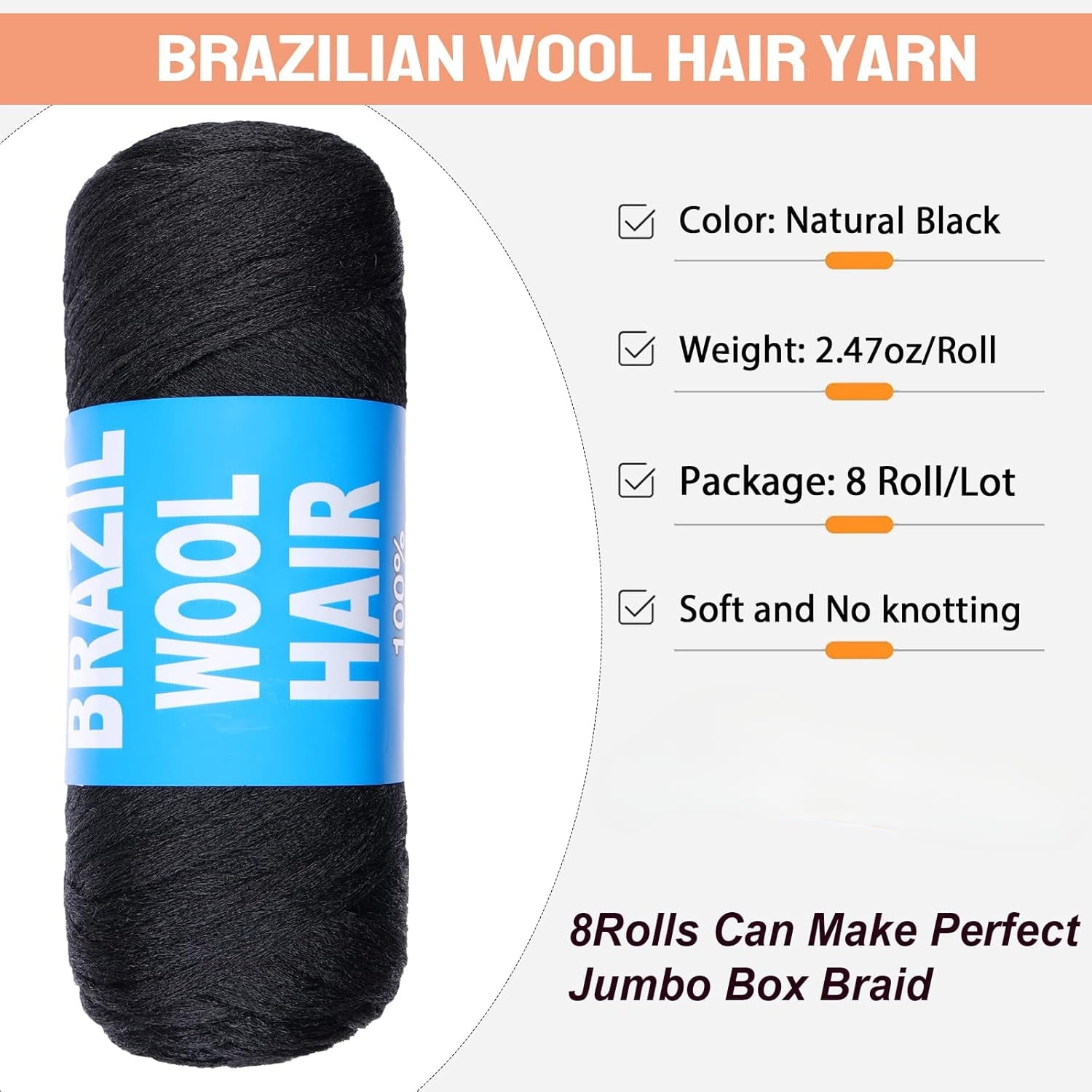 2/4/8 Rolls Brazilian Wool Hair for Braiding Acrylic Hand Knitting Wool Yarn for Soft Locs Crochet Hair Jumbo Braids Twist Braiding Hair Extensions