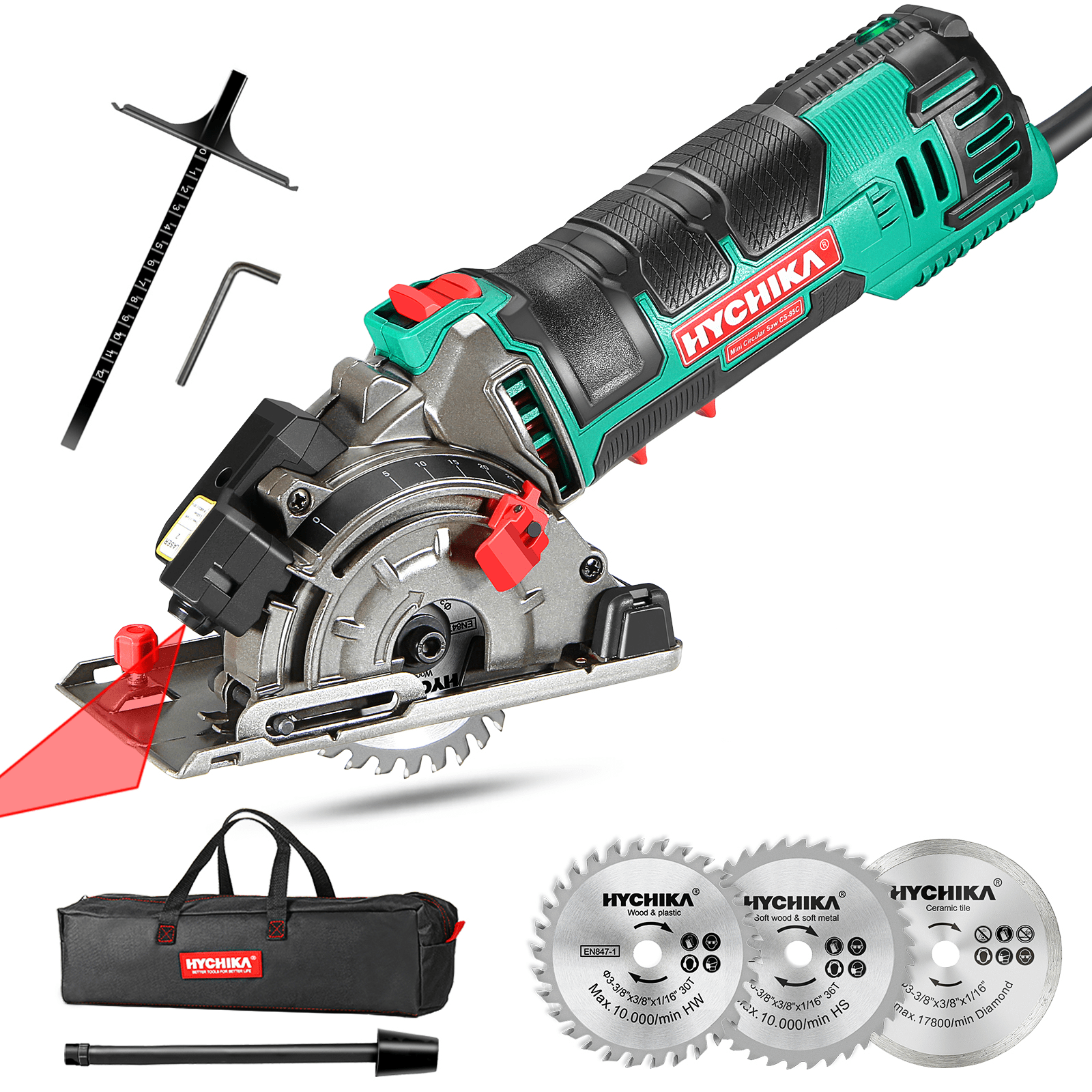 breed Grijp Gewend HYCHIKA Mini Circular Saw 4.0Amp with Laser Guide, 3-3/8” Mini Saw with 3  Saw Blades, Scale Ruler and Pure Copper Motor, Corded - Walmart.com