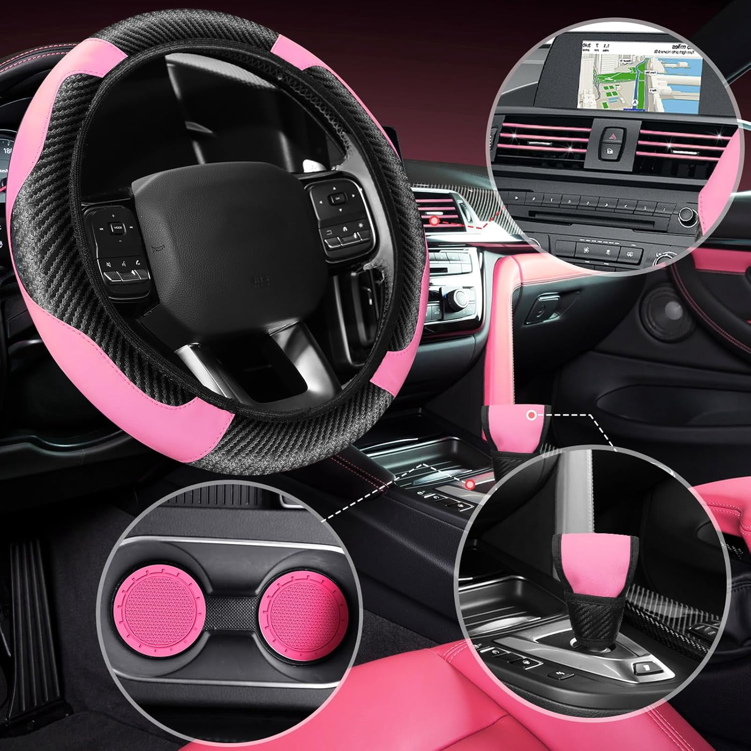 30 Pcs Car Accessories Set Pink and Black PU Leather Steering Wheel Cover Auto Interior Accessories Gift Car Vent Trim Strips Air Conditioner Insert Strips with Installation Tool
