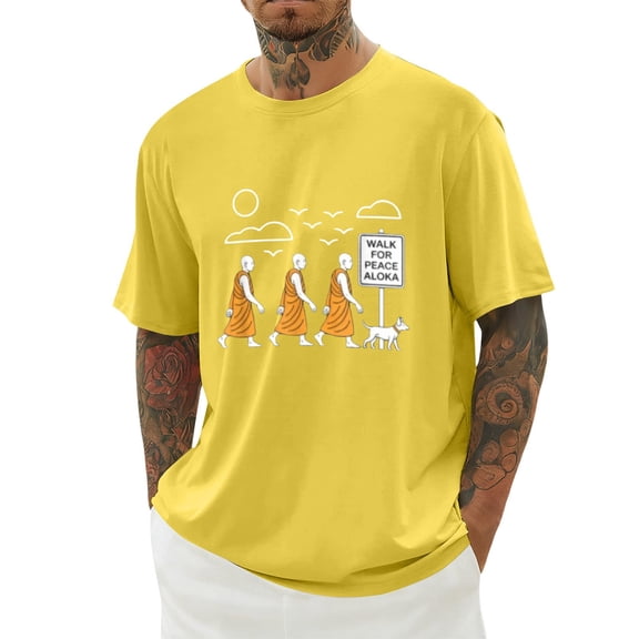 IWRICH Walk for Peace Monks Journey T-Shirt for Men White Short Sleeve Tshirts Crew Neck Loose Fit Oversize Big and Tall Tops Yellow XS