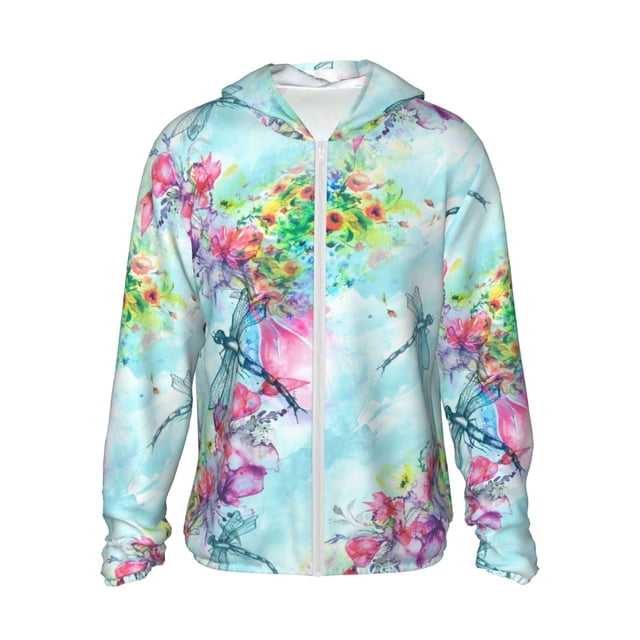 Balery Dragonfly Floral Sudadera ligera de manga larga con capucha y protección solar UPF 50+ para hombre y mujer, ideal para pesca y running-Large