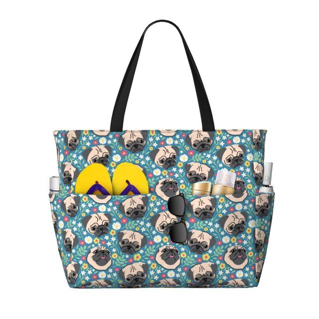 Disketp PUG HEAD And Flower Bolsa de Playa de Gran Capacidad, Bolso Impermeable y a Prueba de Arena para Mujer, Ideal para Playa, Piscina y Natación