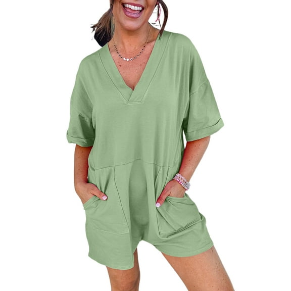 Women's Grass Green Loose Half Sleeve V Neck Knit Romper with Pockets | [ZhiHiMeRi] | (US 12-14)L