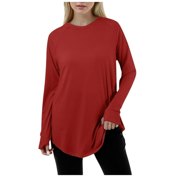 Women's Casual Loose Fit Long Sleeve Round Neck Thumb Hole T-Shirt Comfortable Solid Color Pullover Top for Everyday Wear