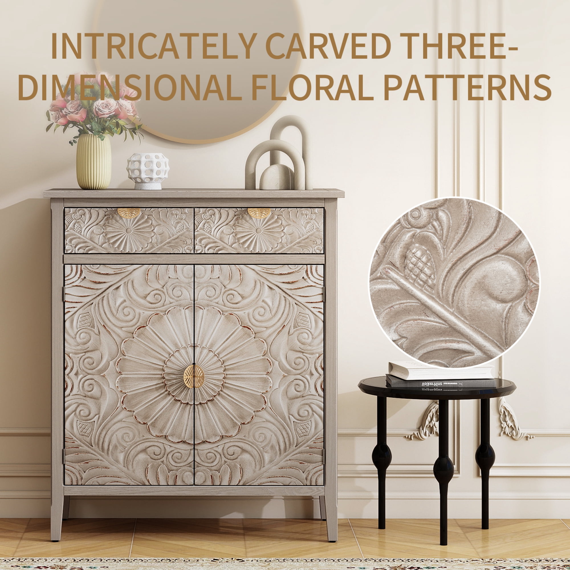 Leumius Accent Cabinet, Wooden Storage Cabinet with Drawer & Doors, Floral Embossed Sideboard with Gold Handles for Entryway Living Room Natural