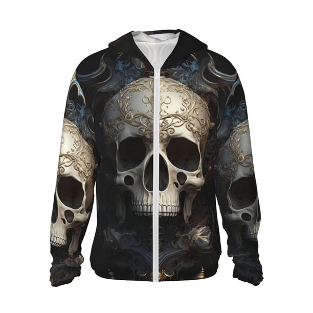 Balery Gold Pattern Skull Sudadera ligera de manga larga con capucha y protección solar UPF 50+ para hombre y mujer, ideal para pesca y running-Small