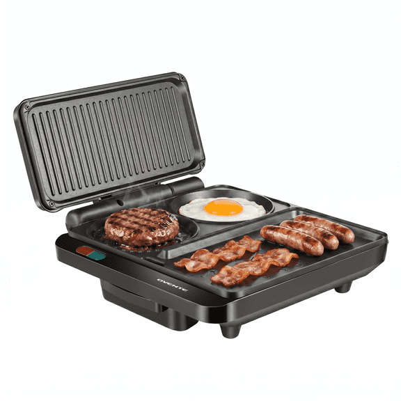 OVENTE Sandwich Maker and Hamburger Grill Machine with Non-Stick Griddle and Griller Plate, 1000W Electric Multipurpose Breakfast Station for Sandwiches, Burgers, Egg Muffin & Pancakes, Black HMG111B