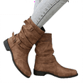 thumbnail image 3 of Willtoo Women's Leather Slouchy Buckle Mid-Calf Boots Comfort Wide Round Toe Slip On Lug Sole Motorcycle Combat Boots Winter Low Heel Knight Boots Wide Calf Knee High Boots Brown, 3 of 6