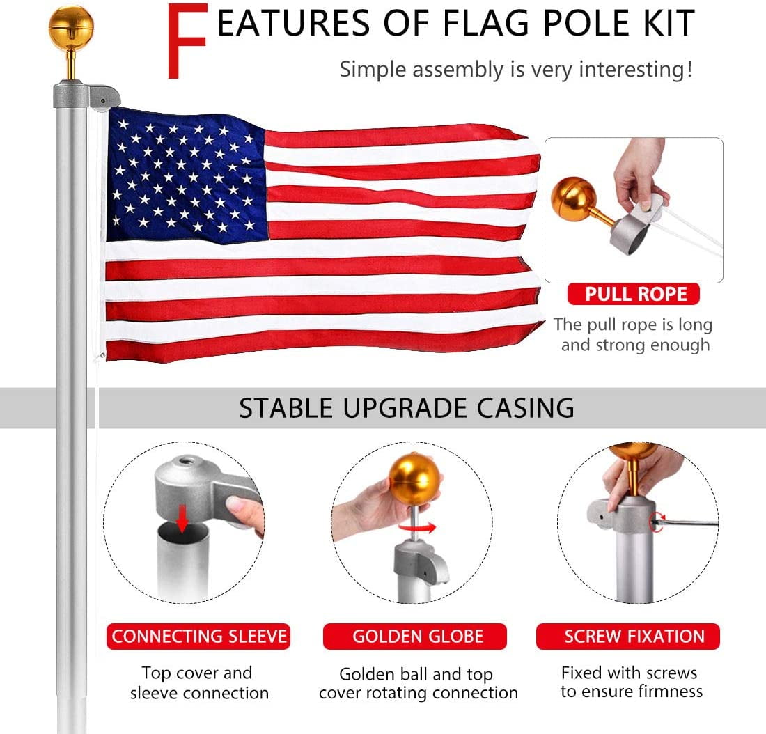 F2C 16FT Sectional Flagpole Kit Outdoor Halyard Pole W/1 US American 3x5 Flag 16FT W/Flag In-Ground Pole and Hardware 