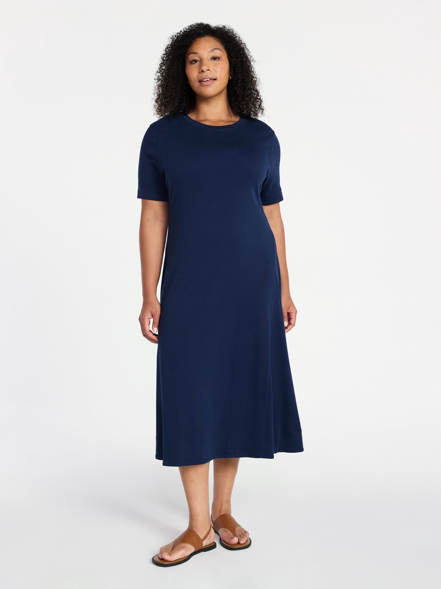 Time and Tru Women's and Women's Plus Seamed Cotton Midi Dress, Sizes XS-4X