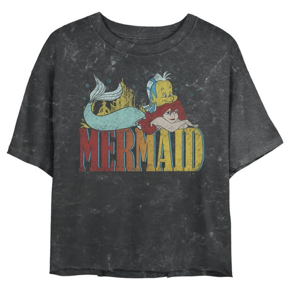 Junior's The Little Mermaid Ariel and Flounder Distressed Logo Crop Graphic Tee Black X Large