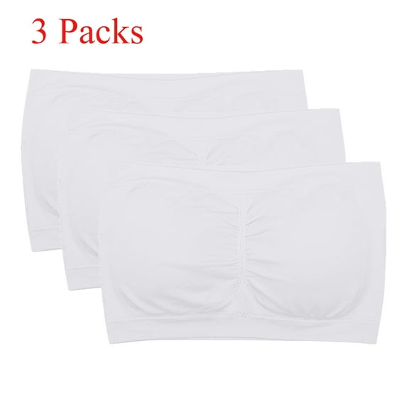 3PCS Seamless Tube Top Bandeau Stretchable Spandex Bra with Removable Pads, White, XL