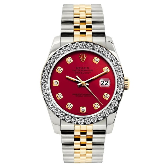 Pre-Owned Rolex Datejust 26MM 6917 Red Diamond Dial Diamond Bezel Two Tone Yellow Gold Jubilee Bracelet 1.2ct