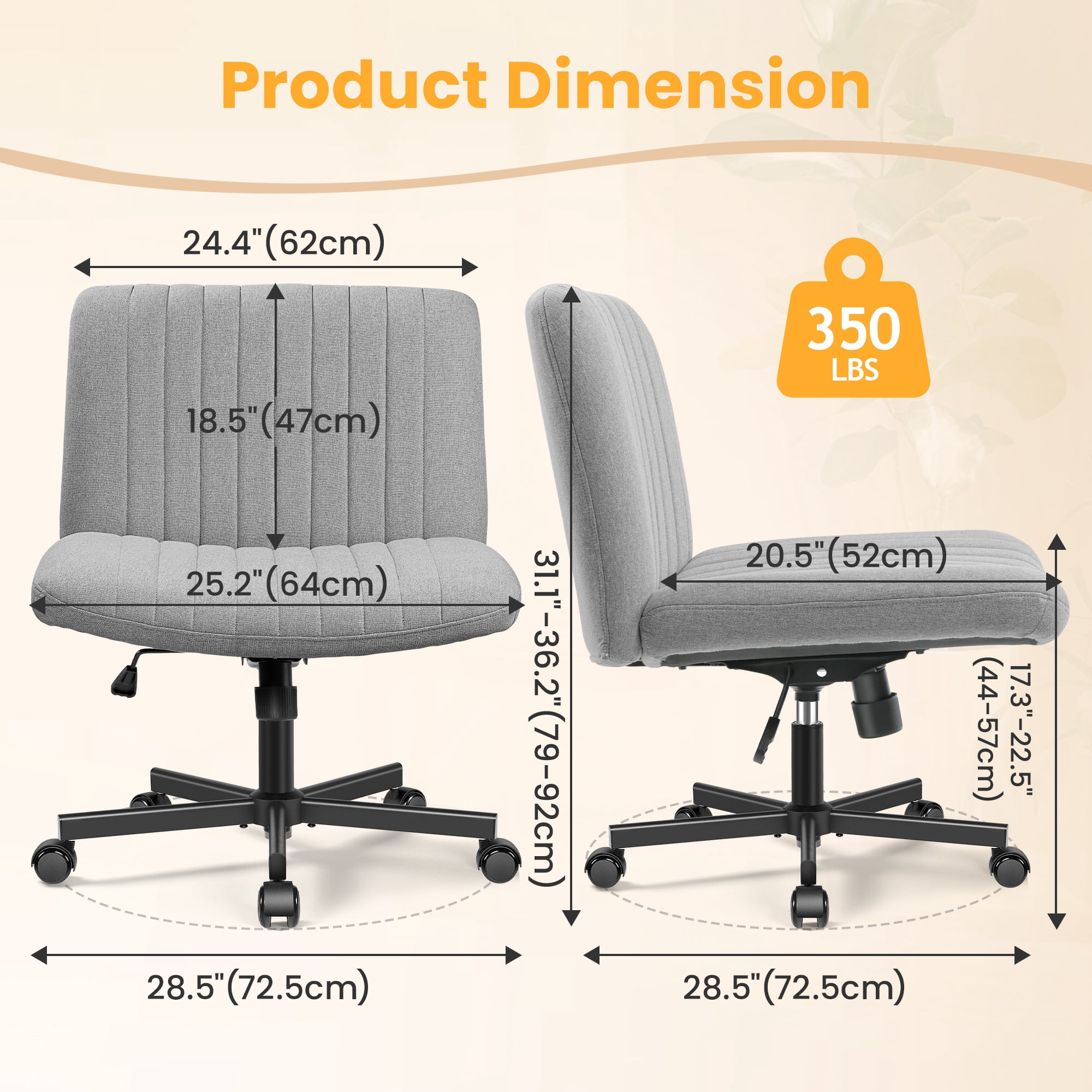 COOLHUT Office Chair Armless Criss Cross Legged Chair with Wheels, Linen Fabric Comfy Home Office Desk Chairs, Wide Seat Vanity Task Computer Chair, Light Gray